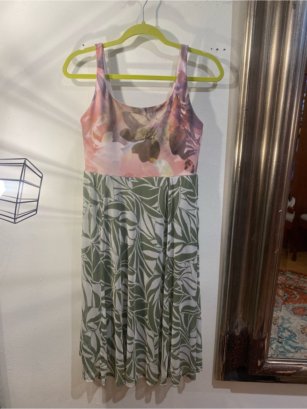 OOAK Upcycled Shelfbra Floral Yoga Top with Green Leaf Print Midi Dress
